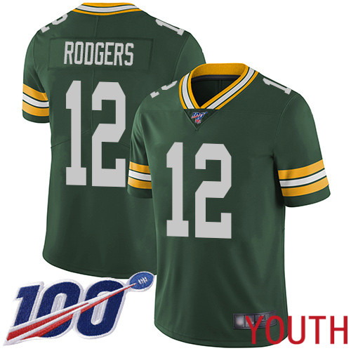 Green Bay Packers Limited Green Youth #12 Rodgers Aaron Home Jersey Nike NFL 100th Season Vapor Untouchable->youth nfl jersey->Youth Jersey